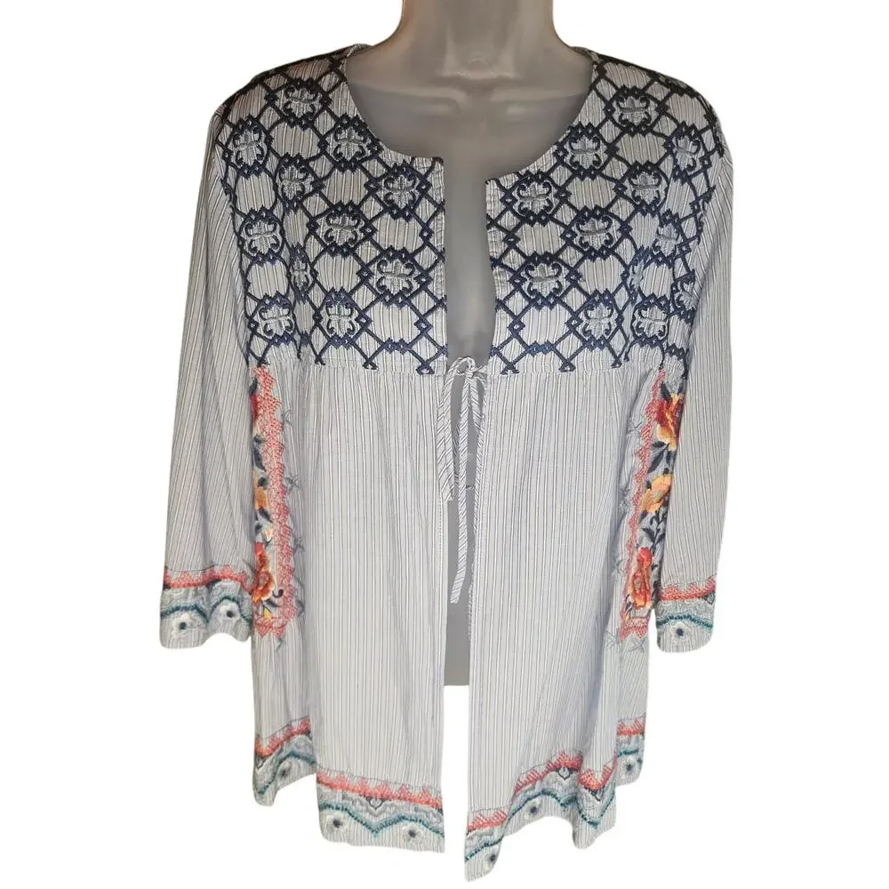 Johnny Was Blue Embroidered Floral Striped Open Top Sz S Tie Front 3/4 Sleeves - Picture 2 of 8